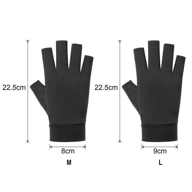 A pair of black fingerless gloves displayed side by side, with size measurements for medium and large.