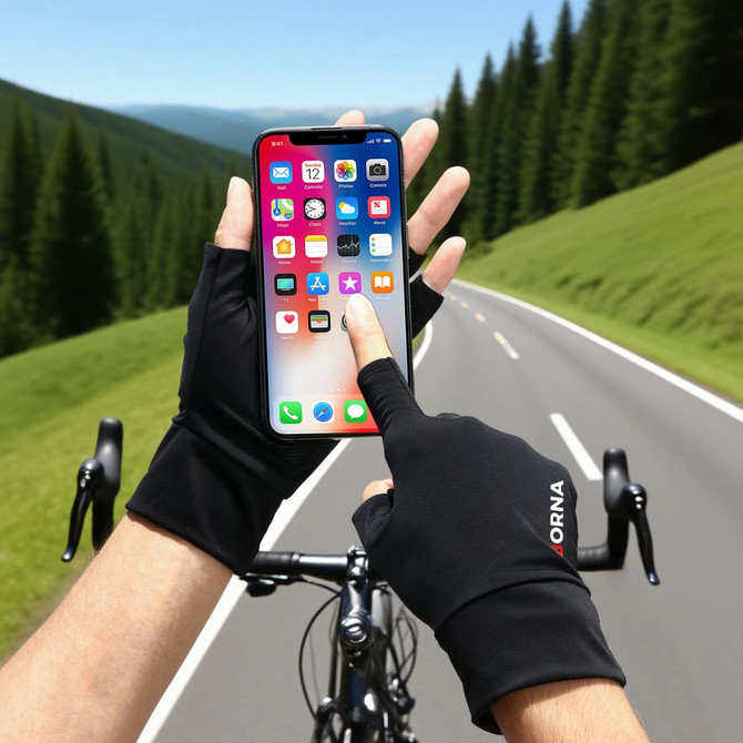 Fingerless black sun protection gloves held up to a smartphone, with a scenic road and trees in the background.