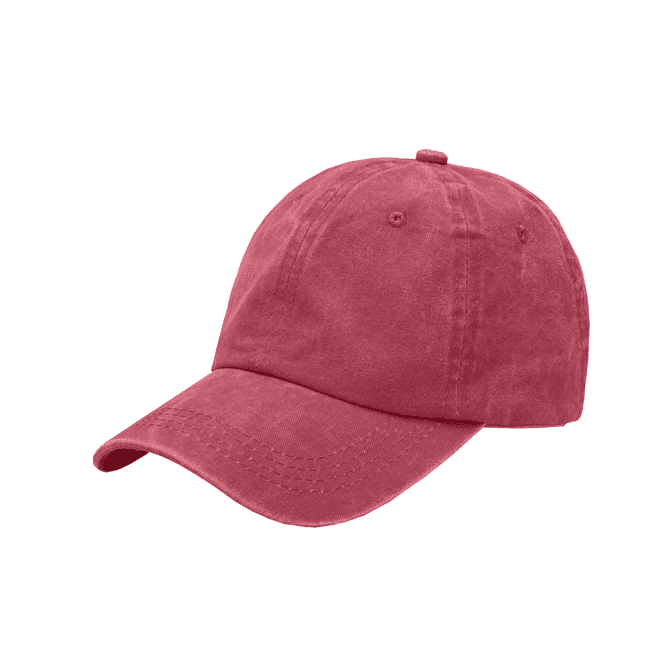 A vintage washed baseball cap in a faded burgundy colour, featuring a logo on the front.
