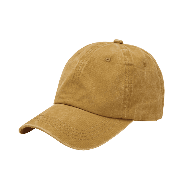 A vintage washed baseball cap in a warm, mustard hue with stitching details and an adjustable strap at the back.