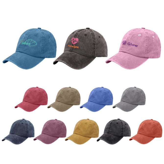 A collection of six vintage washed baseball caps in various colours, featuring different logos on the front.
