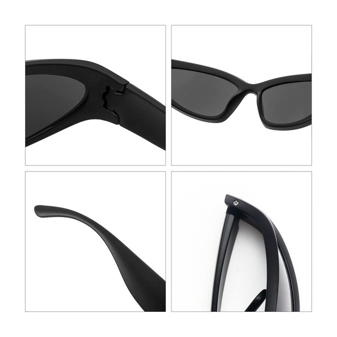 A pair of black wraparound sunglasses displayed from various angles, highlighting their sleek design and structure.