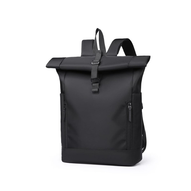 A roll top laptop backpack in black, featuring adjustable straps and side zip pockets, with a branding logo.