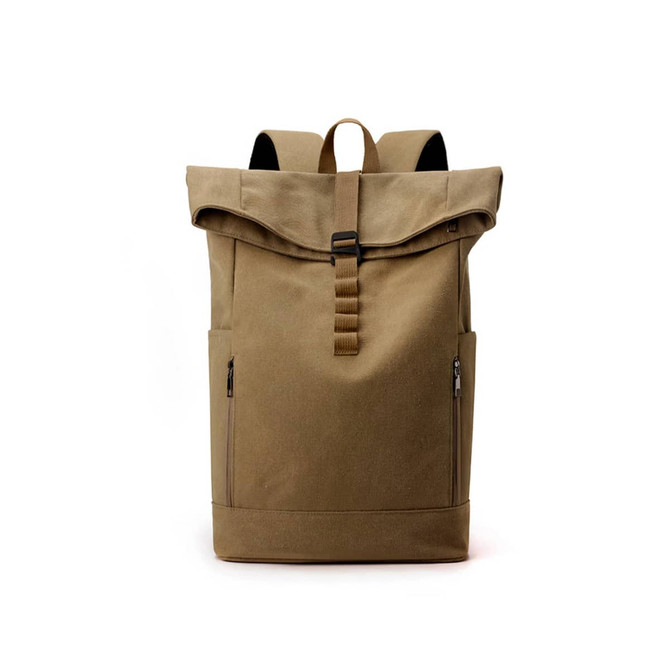 A vintage canvas roll-top backpack in a khaki colour, featuring a front closure and side zip pockets.