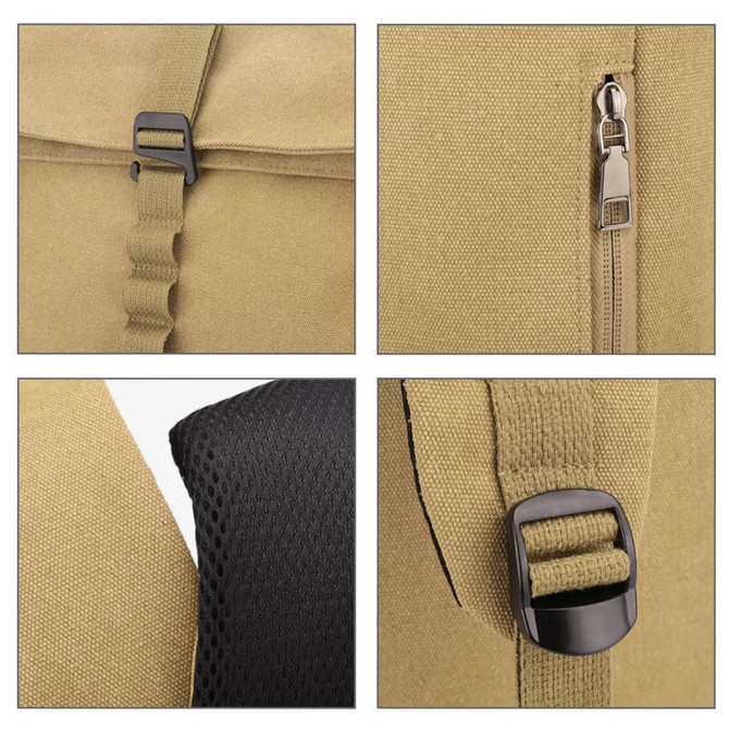 Close-up details of a khaki canvas roll top vintage backpack, showcasing zippers, straps, and mesh padding.