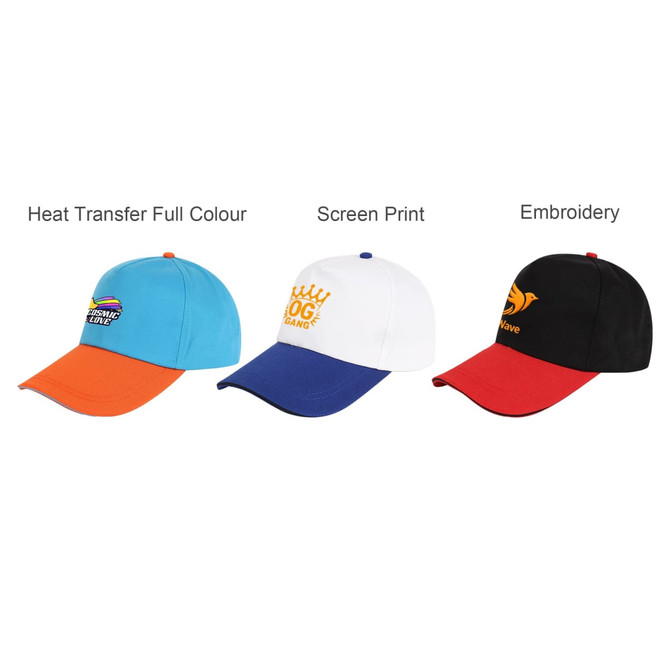 Three caps in varying colours: a blue cap with an orange brim, a white cap with a blue brim, and a black cap with a red brim. Each has a logo.