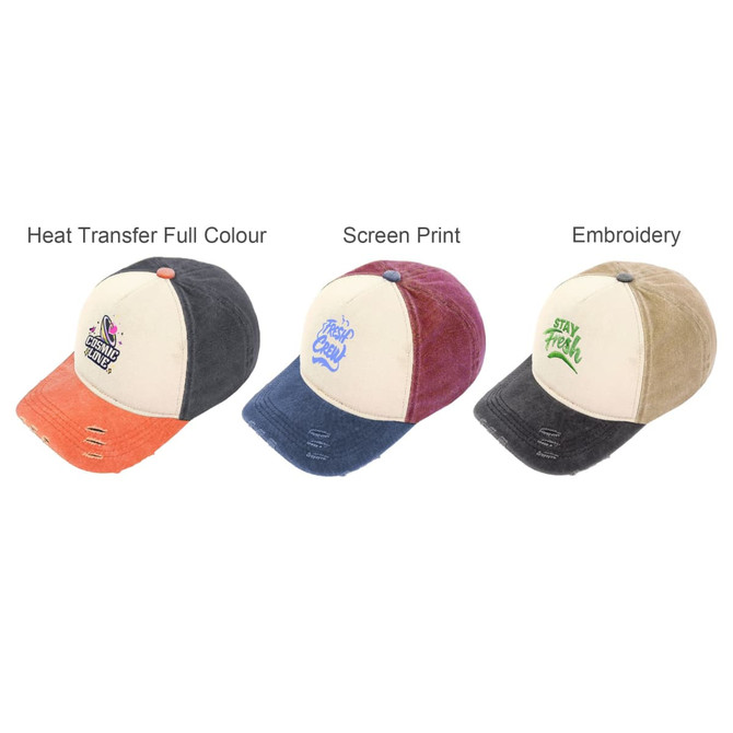 A 5 Panel Distressed Cotton Baseball Cap in three colour variations: orange, navy, and beige, featuring various designs and a logo.