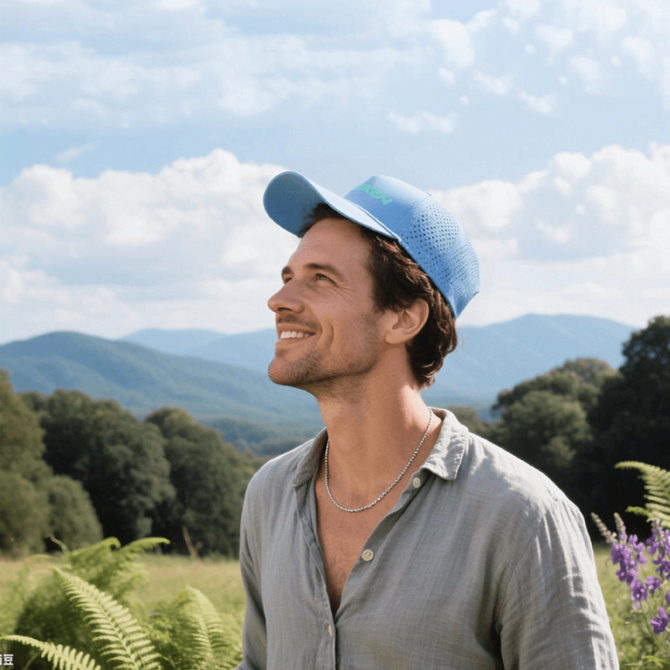 A man in a light blue mesh-back cap stands outdoors, smiling against a backdrop of mountains and greenery.