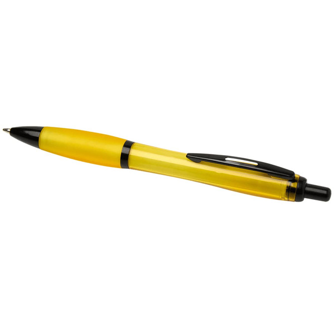 A black and yellow pen with a transparent barrel and a clip. It features a brand logo.