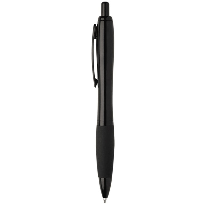 A black recycled pen with a smooth finish and a textured grip, featuring a clip on the side.