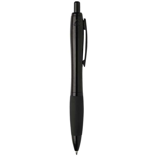 A black pen with a smooth finish and a grip section. It features a clip and has a logo on the body.