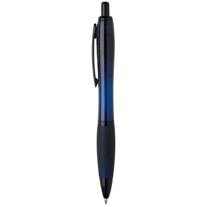 A black pen with a blue gradient design and a clip, featuring a logo on its surface.