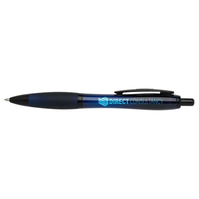 A black pen with a blue band and a logo on the barrel.