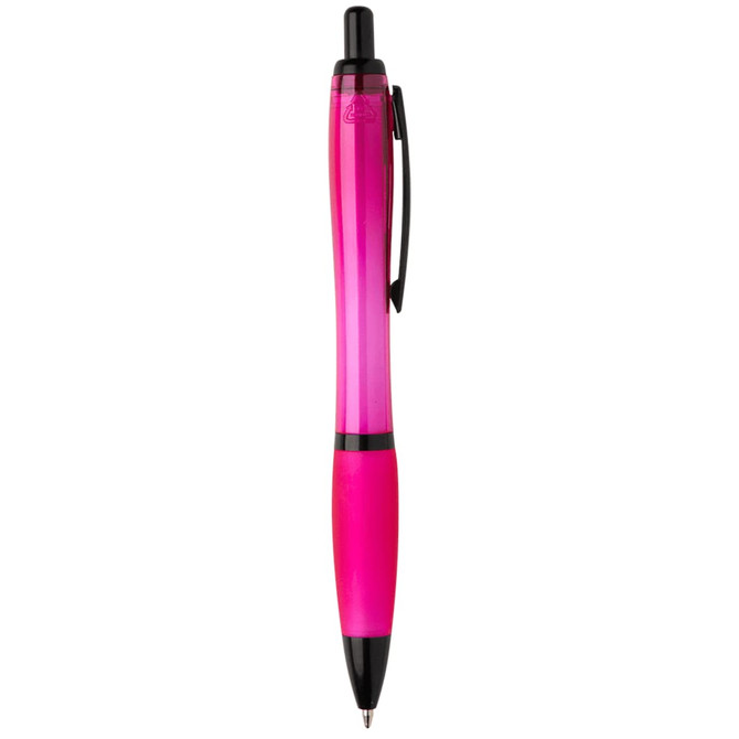 A pink pen with a black tip and clip, featuring a logo on its barrel.