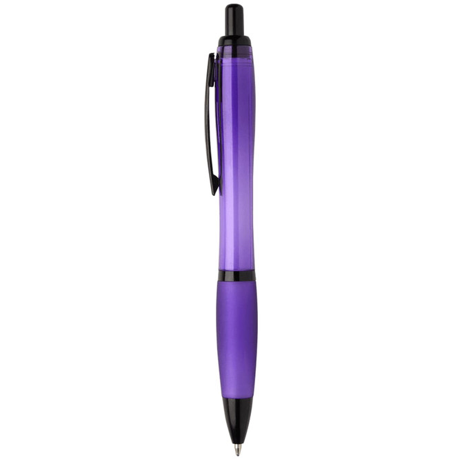 A purple pen with black accents, featuring a clip and a smooth grip. It has a branding logo on it.