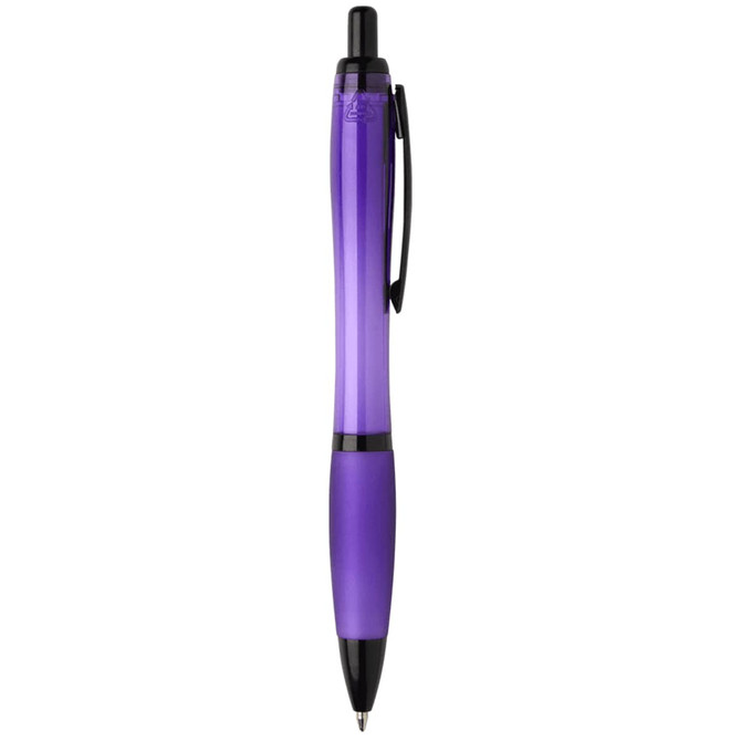 A purple pen with a black clip and bottom grip, featuring a logo on its surface.