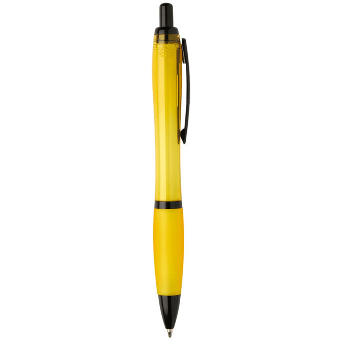A yellow pen with a black clip and tip, featuring a logo on its body.