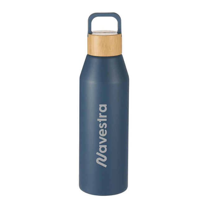 A drink bottle in navy blue with a bamboo lid and a logo on the side, made from recycled materials, 1L capacity.