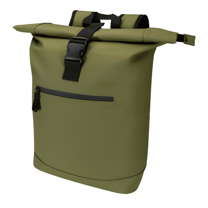 A green roll-top backpack with a front zip pocket and adjustable straps, featuring a logo on its side.