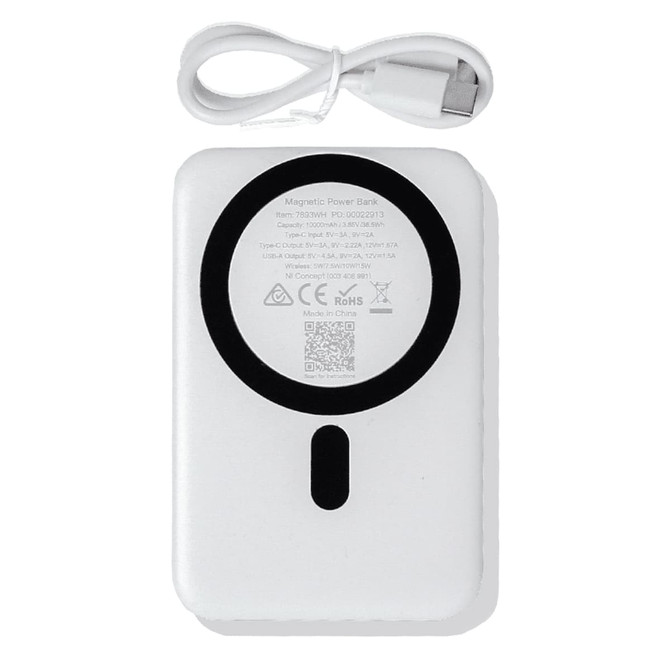 A white magnetic power bank with a phone stand, featuring a USB cable and a logo on the surface.