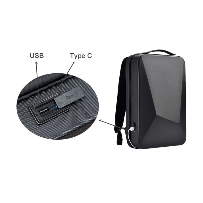 A black expandable hardshell backpack with USB and Type C ports visible on the side. It has a sleek, modern design.