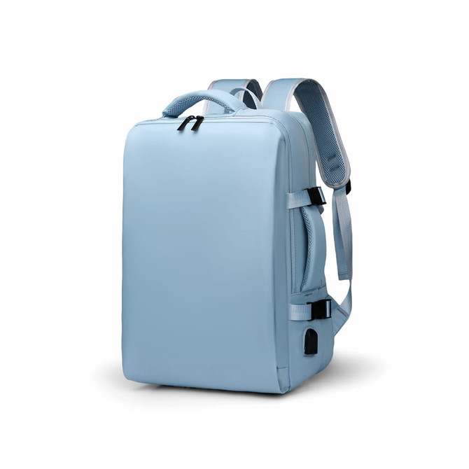 A light blue backpack with adjustable straps and a sleek design, featuring a side pocket and a branding logo.