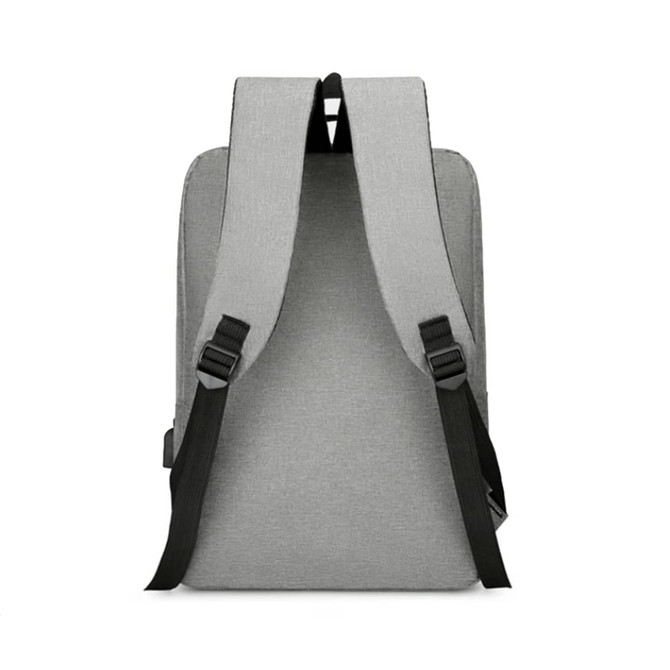 A grey laptop backpack with USB charging capability and adjustable black straps. It features a simple design.