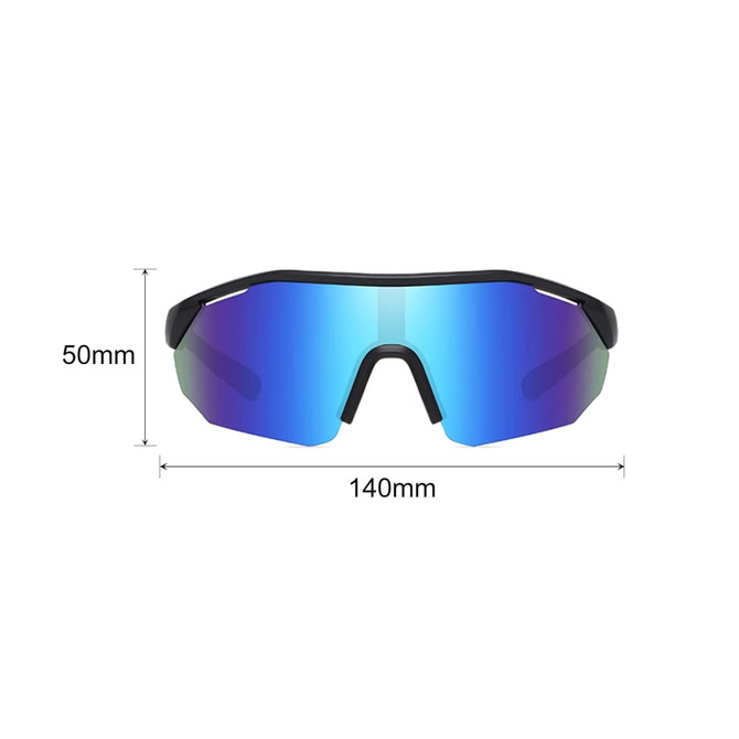 Sports cycling sunglasses feature a sleek design with a blue mirrored lens and a black frame. Dimensions included.