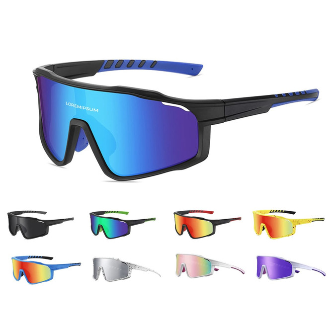Classic sport glasses in various styles, featuring black frames with blue accents and mirrored lenses in multiple vibrant colours.