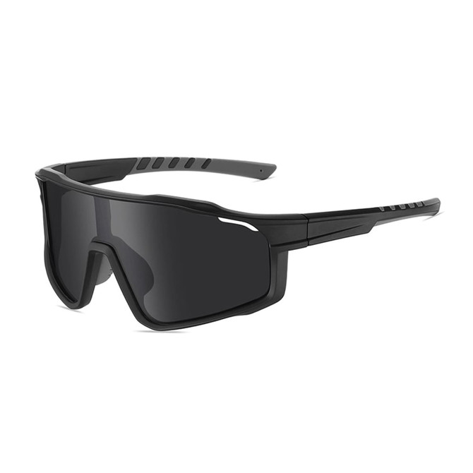 Classic sport glasses in sleek black with dark lenses, featuring a modern design and a logo on the side.