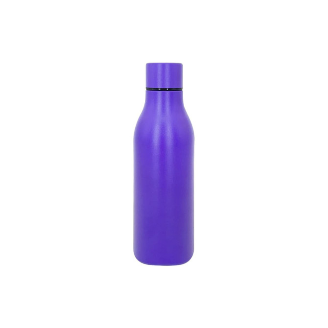 A drink bottle in vibrant purple, made from thermal powder-painted material, featuring a sleek design.
