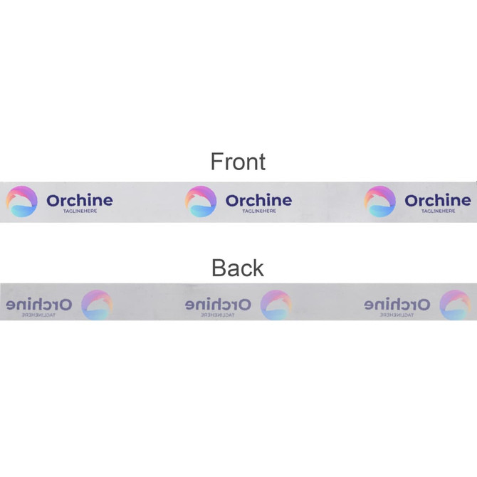 A satin polyester ribbon featuring a front and back design, predominantly in white with printed logos and colours.