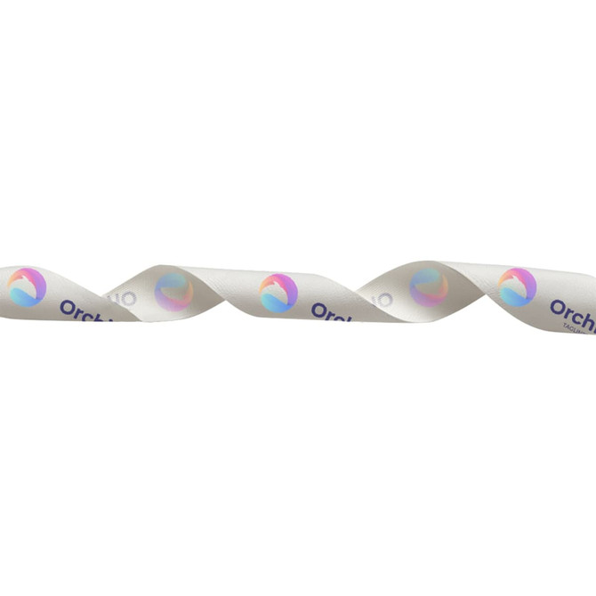 A roll of full colour printed satin polyester ribbon in shades of white and pastel colours, featuring a logo design.