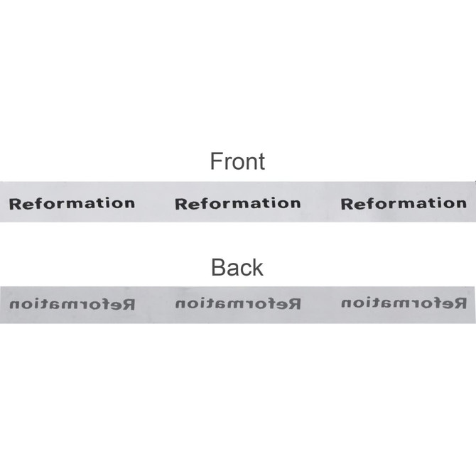 A ribbon in satin polyester, featuring repeated text in black on a white background. It has a front and back design.