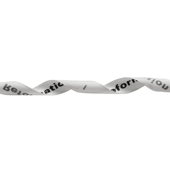A twisted ribbon in white satin polyester with black printed text and a logo.