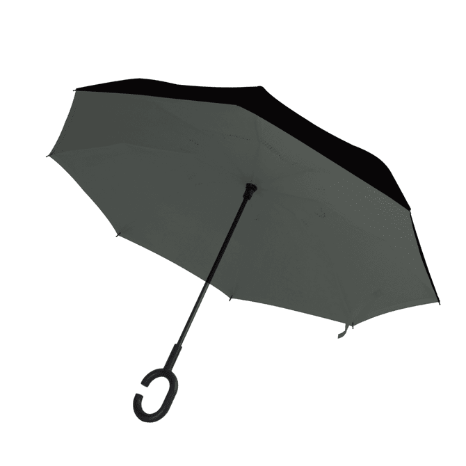 An inverted umbrella with a black canopy and a curved handle. The umbrella features a sleek design.