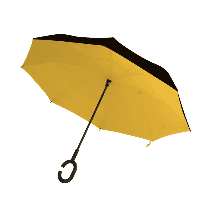 An inverted umbrella with a yellow canopy and black edges, featuring a curved black handle.