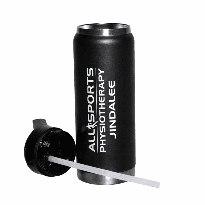 A drink bottle in black with a removable lid and straw, featuring a logo on its surface.