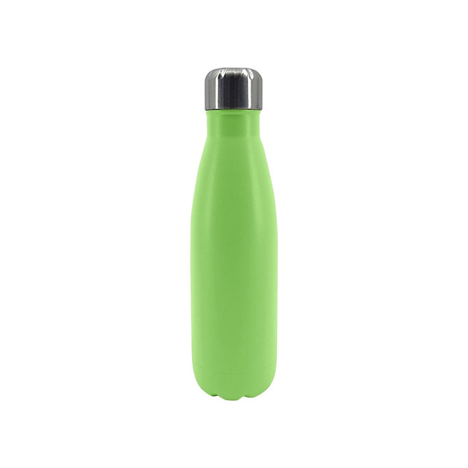 A drink bottle in vibrant green with a stainless steel cap and a smooth, matte finish. It features a logo.