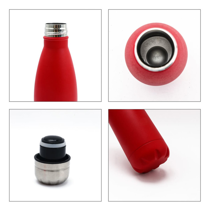 A drink bottle featuring a sleek red design, double-wall insulation, recycled stainless steel, and a logo.