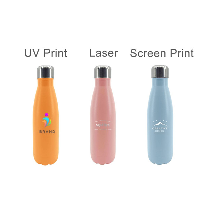 A drink bottle display featuring three recyclable stainless steel bottles in orange, pink, and blue, each with a logo.