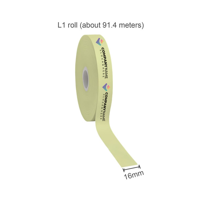 A roll of satin polyester ribbon in pale yellow, featuring a logo, measuring 16mm in width and approximately 91.4 metres long.