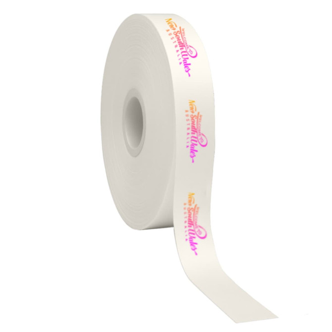 A roll of white cotton ribbon, featuring a full colour printed design and a logo.