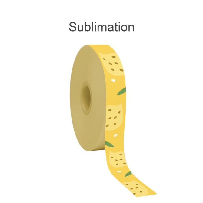 A roll of full colour printed cotton ribbon featuring a yellow design with lemon motifs and green leaves.