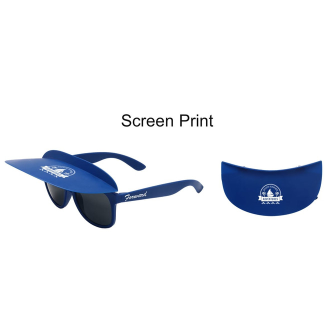 Blue visor sunglasses with a foldable front shield, featuring a logo on the side.