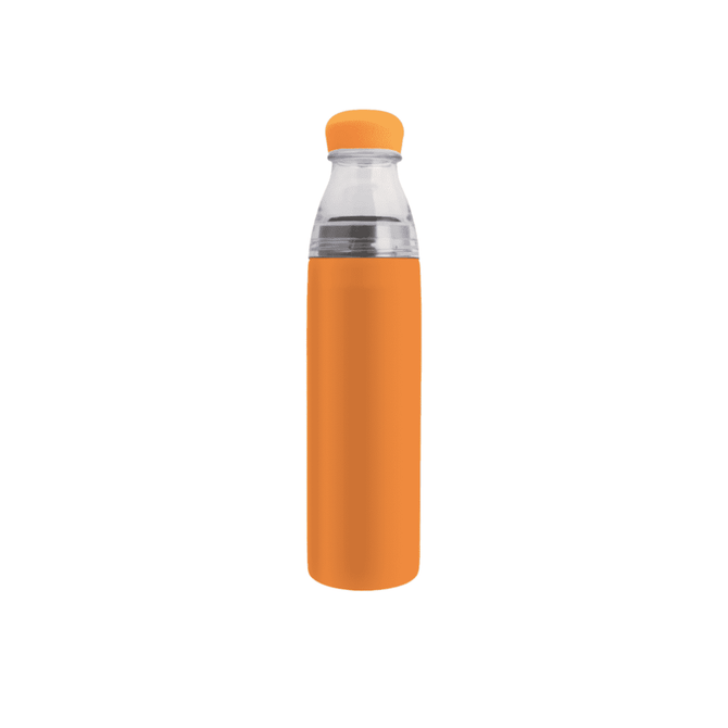 A drink bottle in vibrant orange stainless steel with a clear top, featuring a logo on the side.