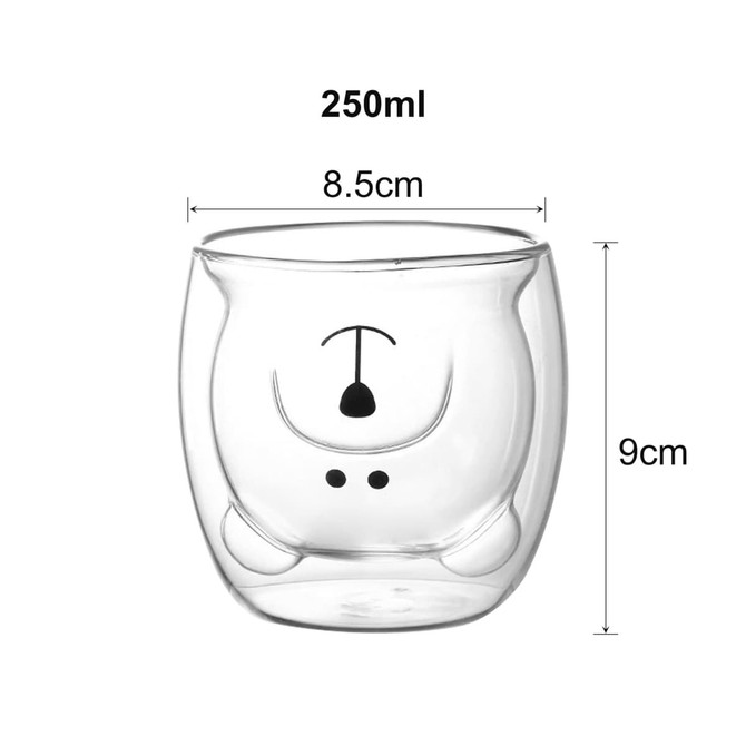 A glass with a bear design, featuring a double wall construction, transparent and measuring 250ml.