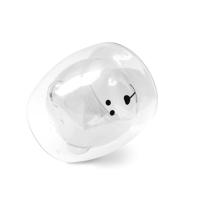 A transparent double wall glass shaped like a bear, featuring black facial details and a smooth finish.