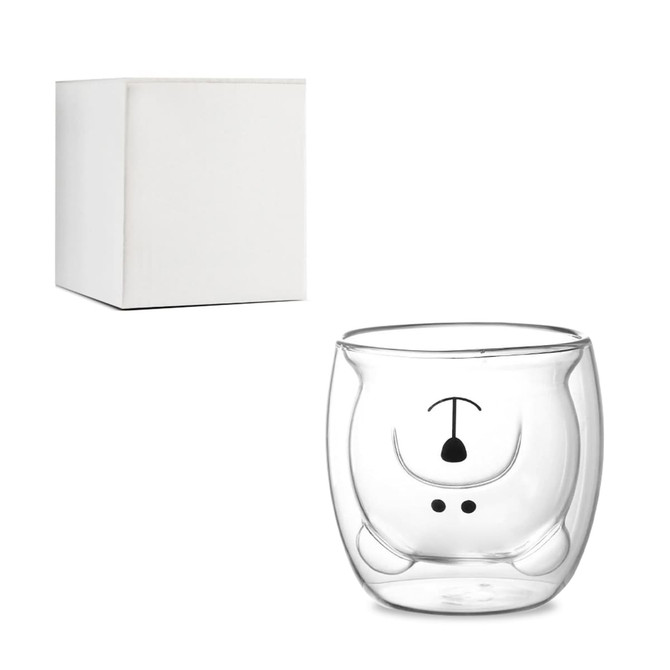 A drink glass with a bear design, made from clear glass, alongside a plain white box.