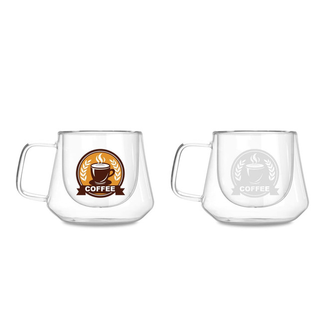 A diamond-shaped double wall glass mug with a handle, featuring a logo on two sides.